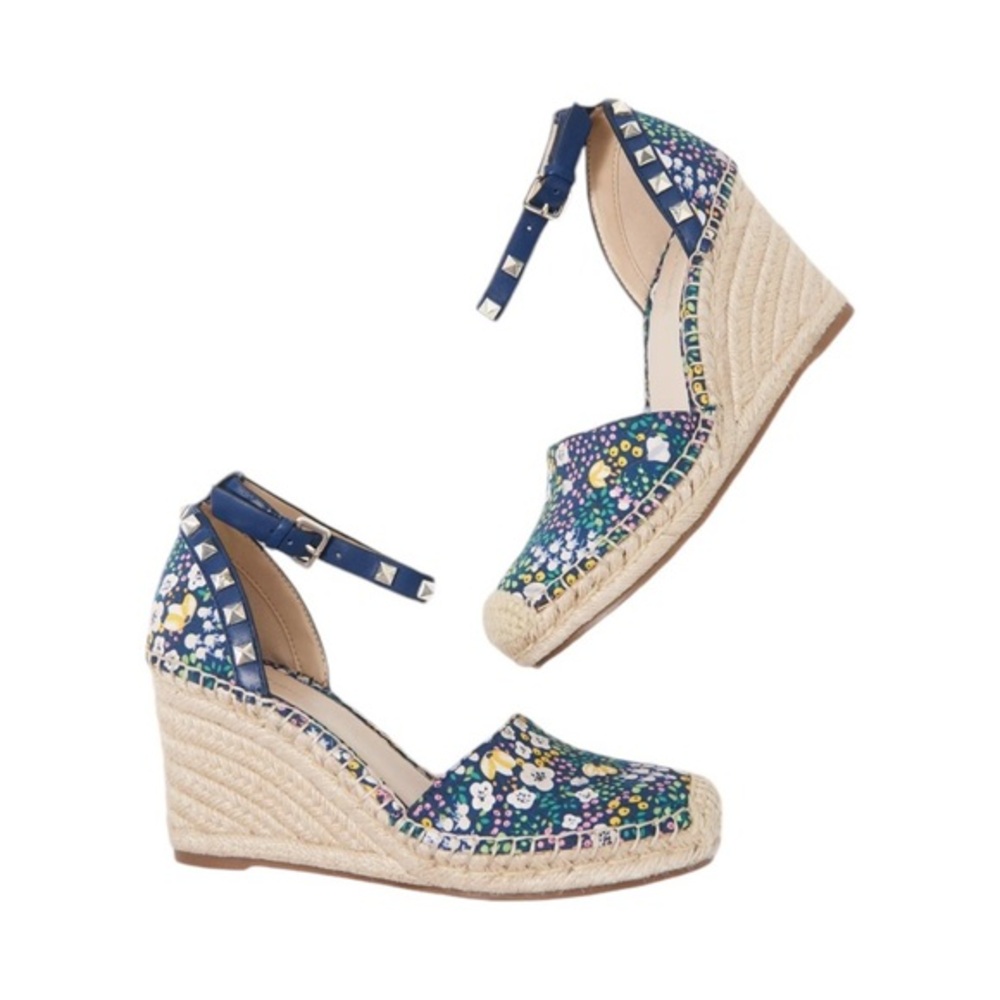 MARC FISHER STUDDED FLORAL SAKTI WEDGE ESPADRILLE ANKLE STRAP ROUND TOE SHOES 10